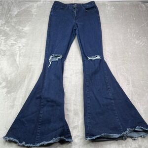 Saints & Hearts Bell Bottom Jeans Women 27x34 Dark Wash Distressed Stretch Flare